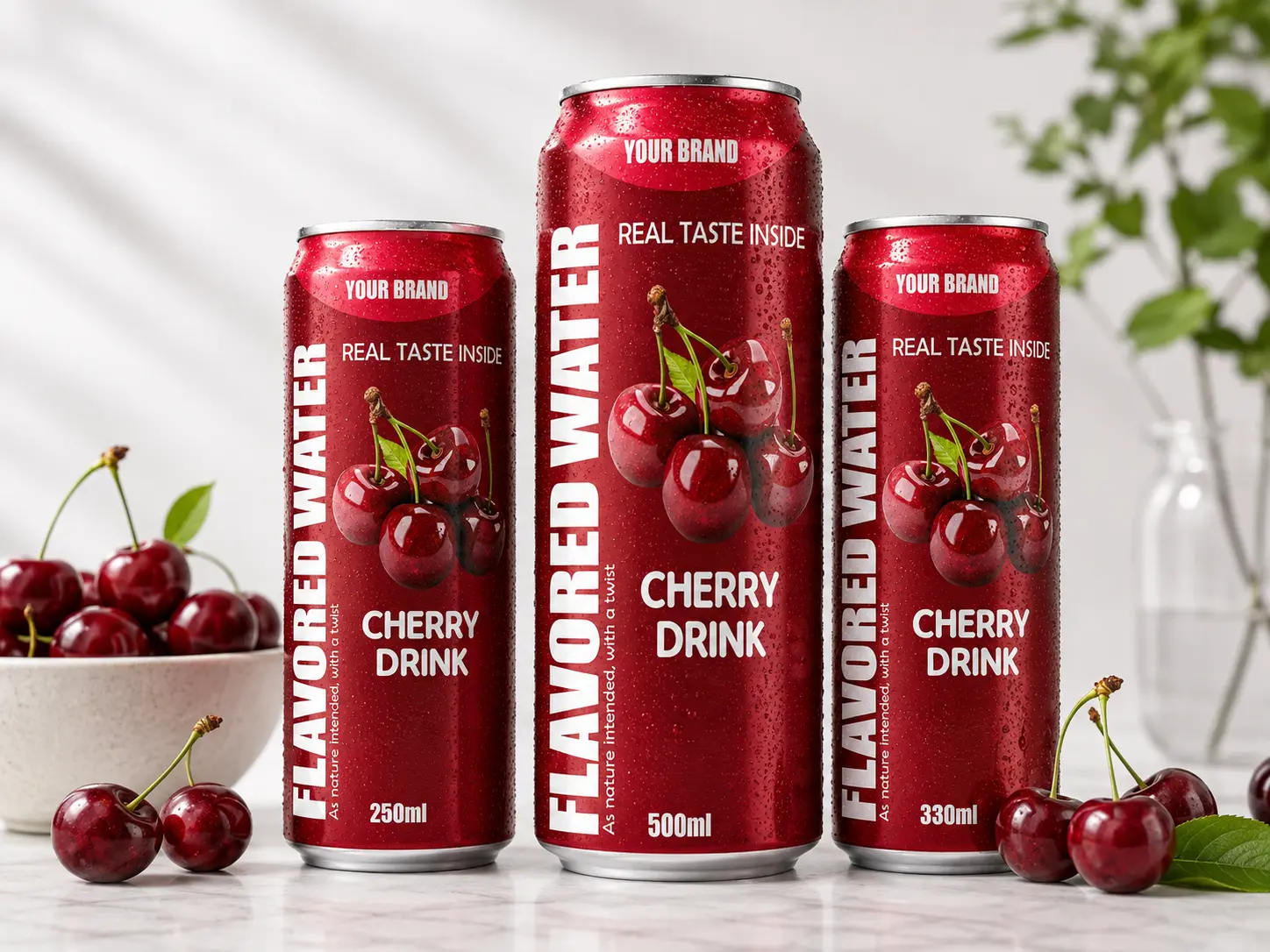 FLAVORED WATER cherry drink cans in 250ml, 330ml and 500ml sizes.